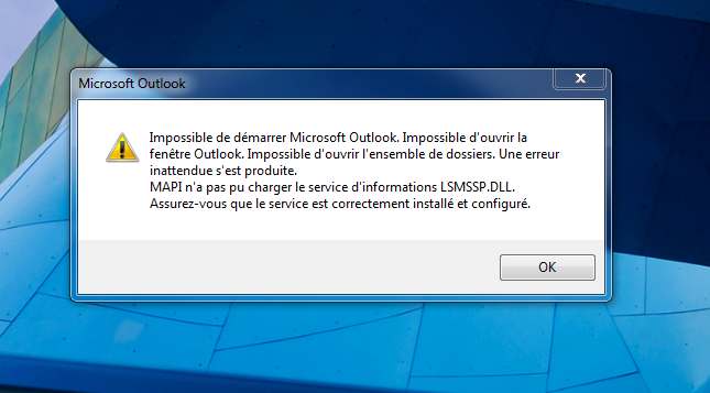 MAPI n'a pas pu charger le service d'informations LSMSSP.DL