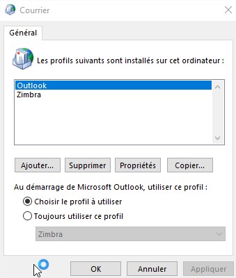 Message d'erreur après la désinstallation de Zimbra Outlook Connector